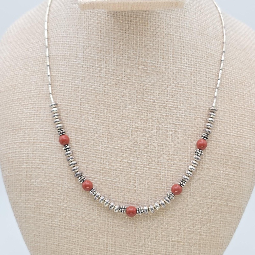 Genuine Vtg NAPIER  Necklace Faux Coral & Silver Plate Beaded 18" FREE $HIPPING!